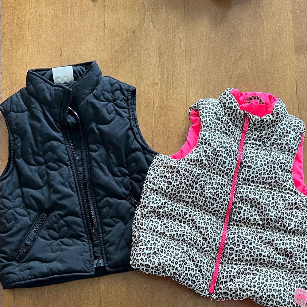Black and Leopard Print Puffer Vests